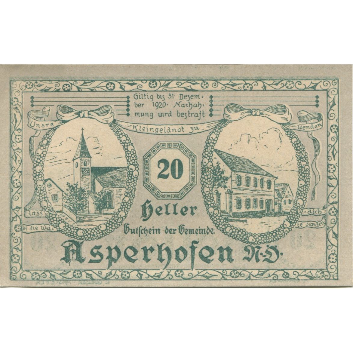 Banknot, Austria, Asperhofen, 20 Heller, Eglise 1920-12-31, UNC(63) Mehl:FS 58b