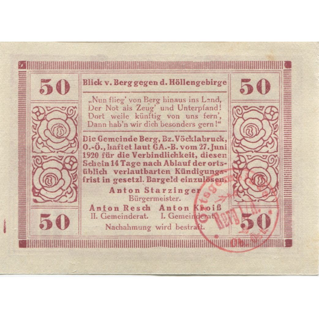 Banknot, Austria, Berg, 50 Heller, montagne, 1920, UNC(63), Mehl:FS 25