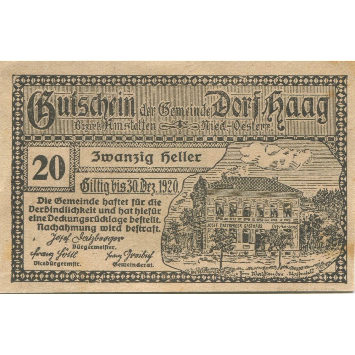 Banknot, Austria, Dorf Haag, 20 Heller, mairie 1920-12-30, UNC(63) Mehl:FS 317a