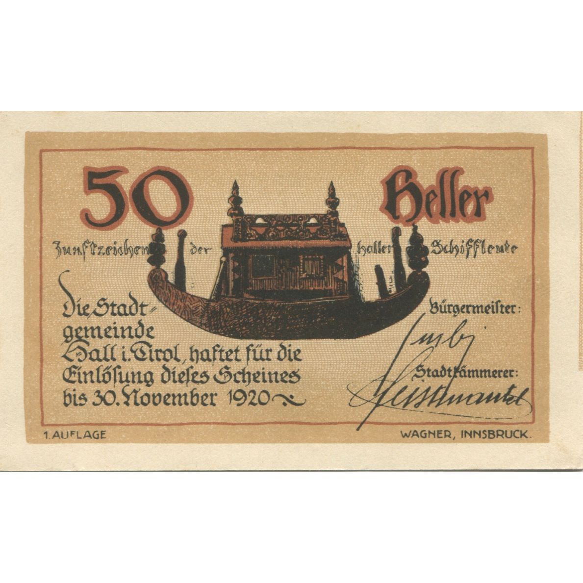 Banknot, Austria, Hall, 50 Heller, bateau 1920-11-30, UNC(63), Mehl:FS 342