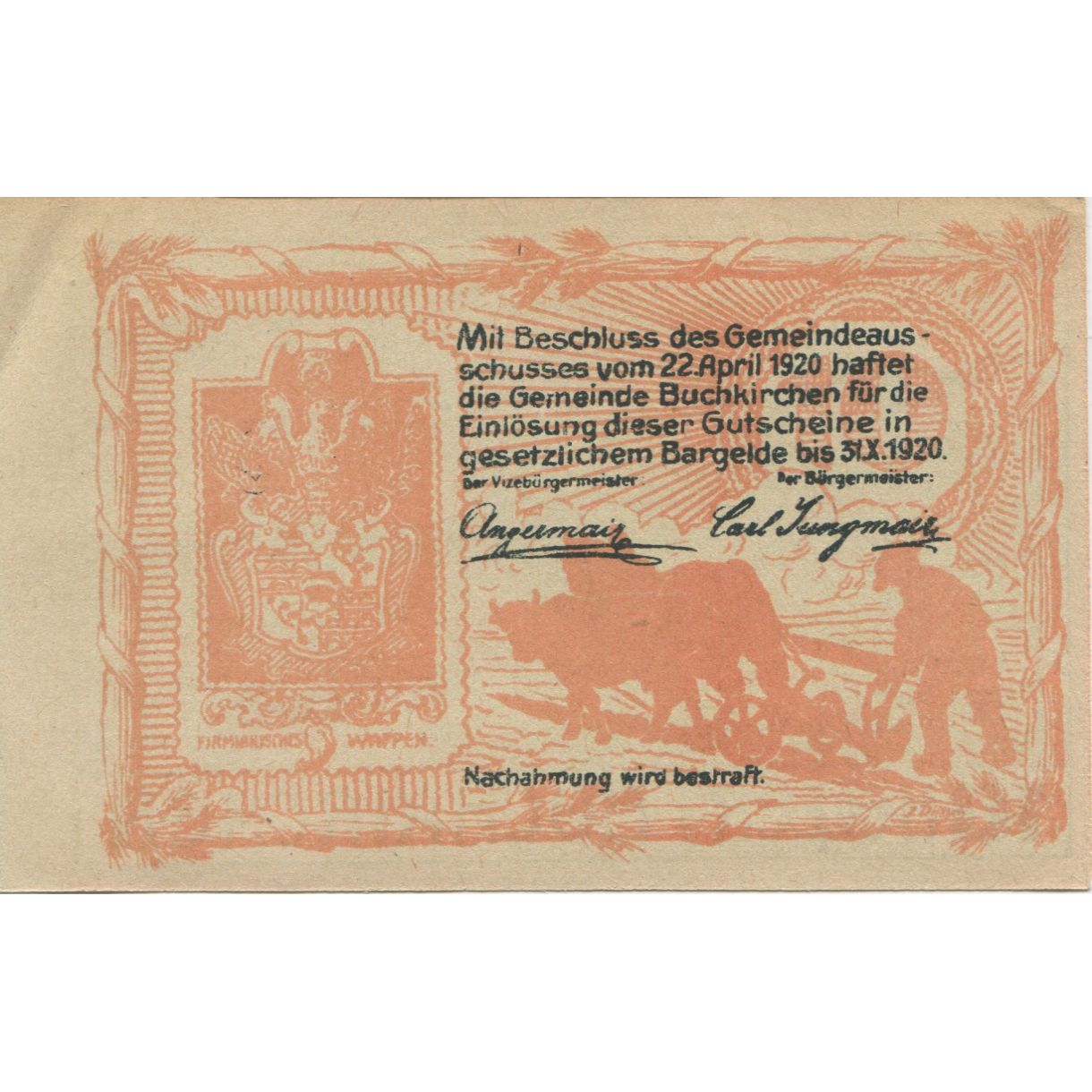 Billet, Autriche, Buchkirchen, 10 Heller, ecole 1920-10-31, SPL, Mehl:FS 114a
