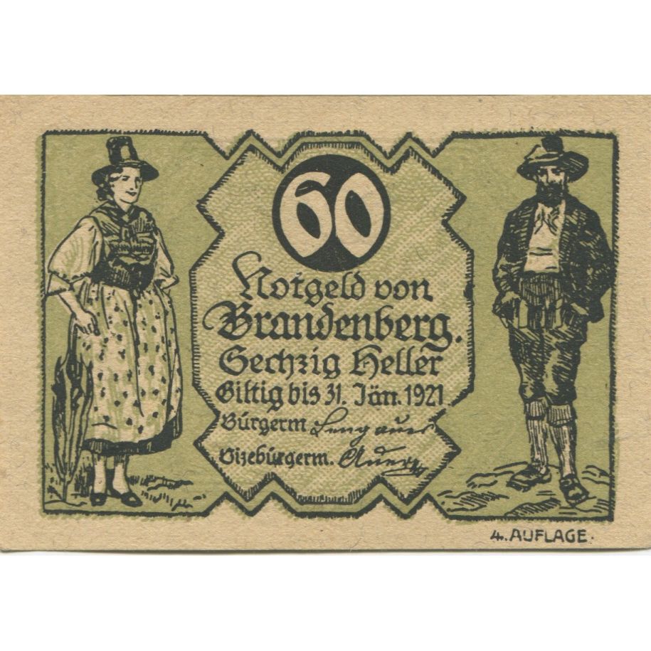 Banknot, Austria, Brandenberg, 60 Heller, personnage, 1921 UNC(63) Mehl:FS 99c