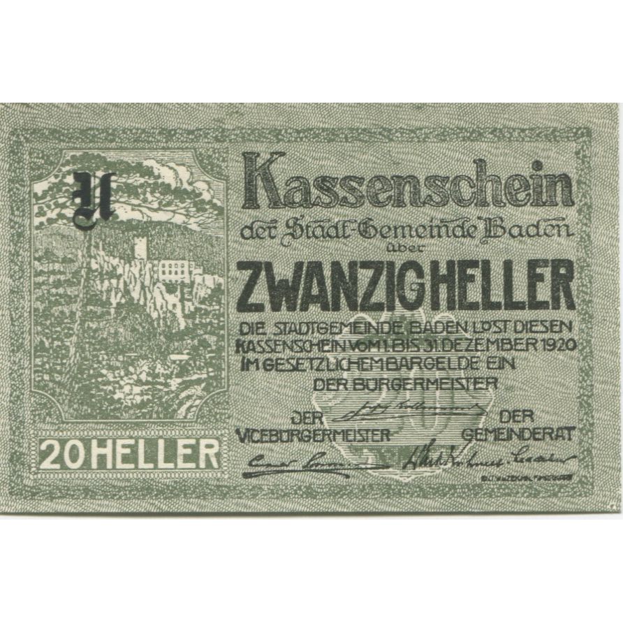 Banconote, Austria, Baden, 20 Heller, montagne 1920-12-31, SPL, Mehl:FS 74a