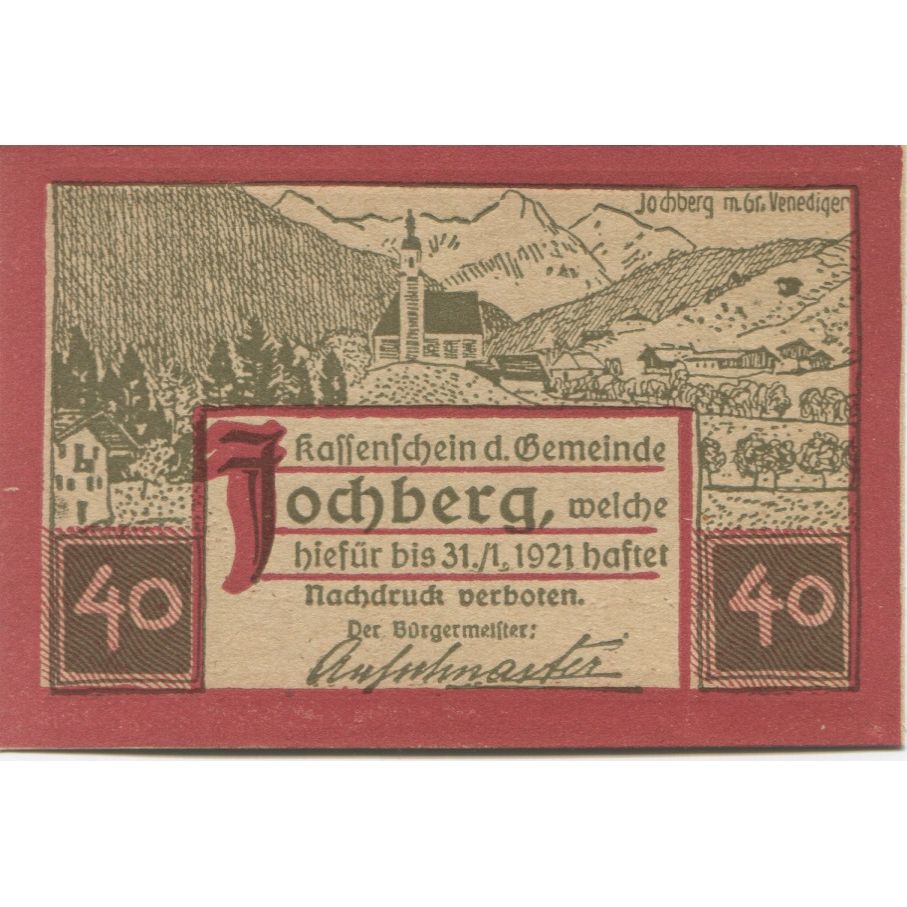Billet, Autriche, Jochberg, 40 Heller, paysage 1921-01-31, SPL, Mehl:FS 419a
