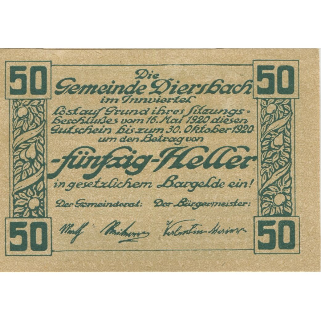 Banknote, Austria, Diersbach, 50 Heller, village, 1920 UNC(63) Mehl:FS 122
