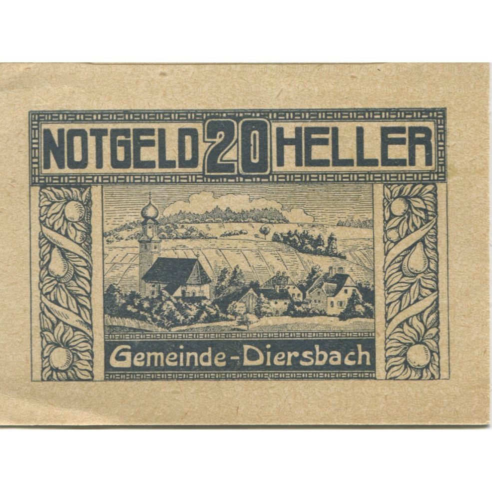 Banconote, Austria, Diersbach, 20 Heller, Eglise 1920-10-30, SPL Mehl:FS 122