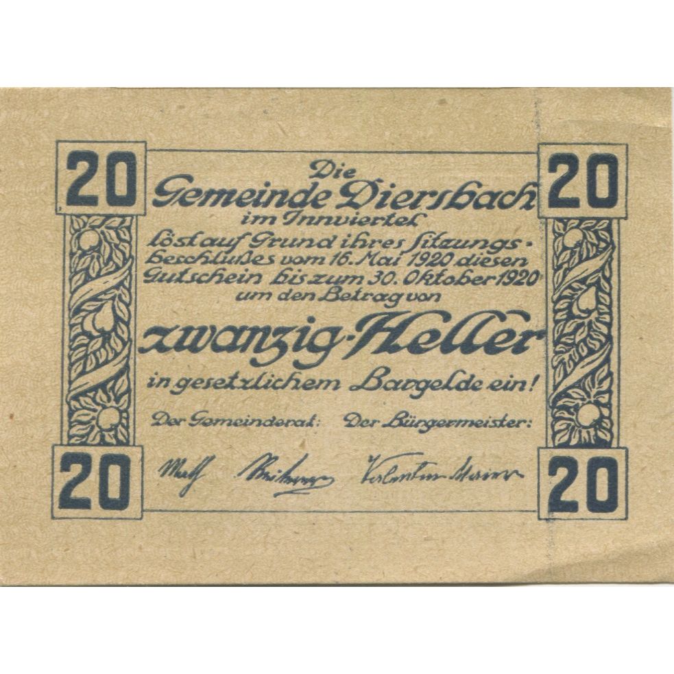 Banconote, Austria, Diersbach, 20 Heller, Eglise 1920-10-30, SPL Mehl:FS 122