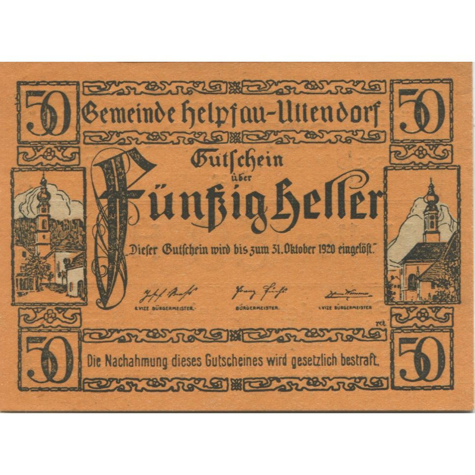 Banconote, Austria, Helpfau, 50 Heller, Eglise 1920-10-31, SPL Mehl:FS 365Ia