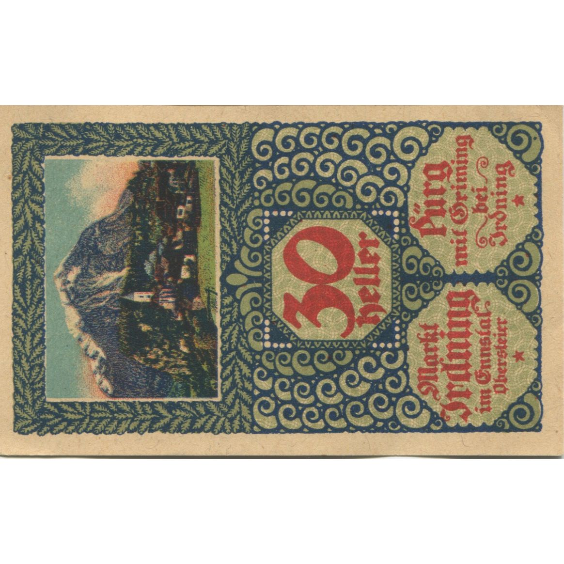 Banknote, Austria, Irding, 30 Heller, montagne, 1920, UNC(63), Mehl:FS 416