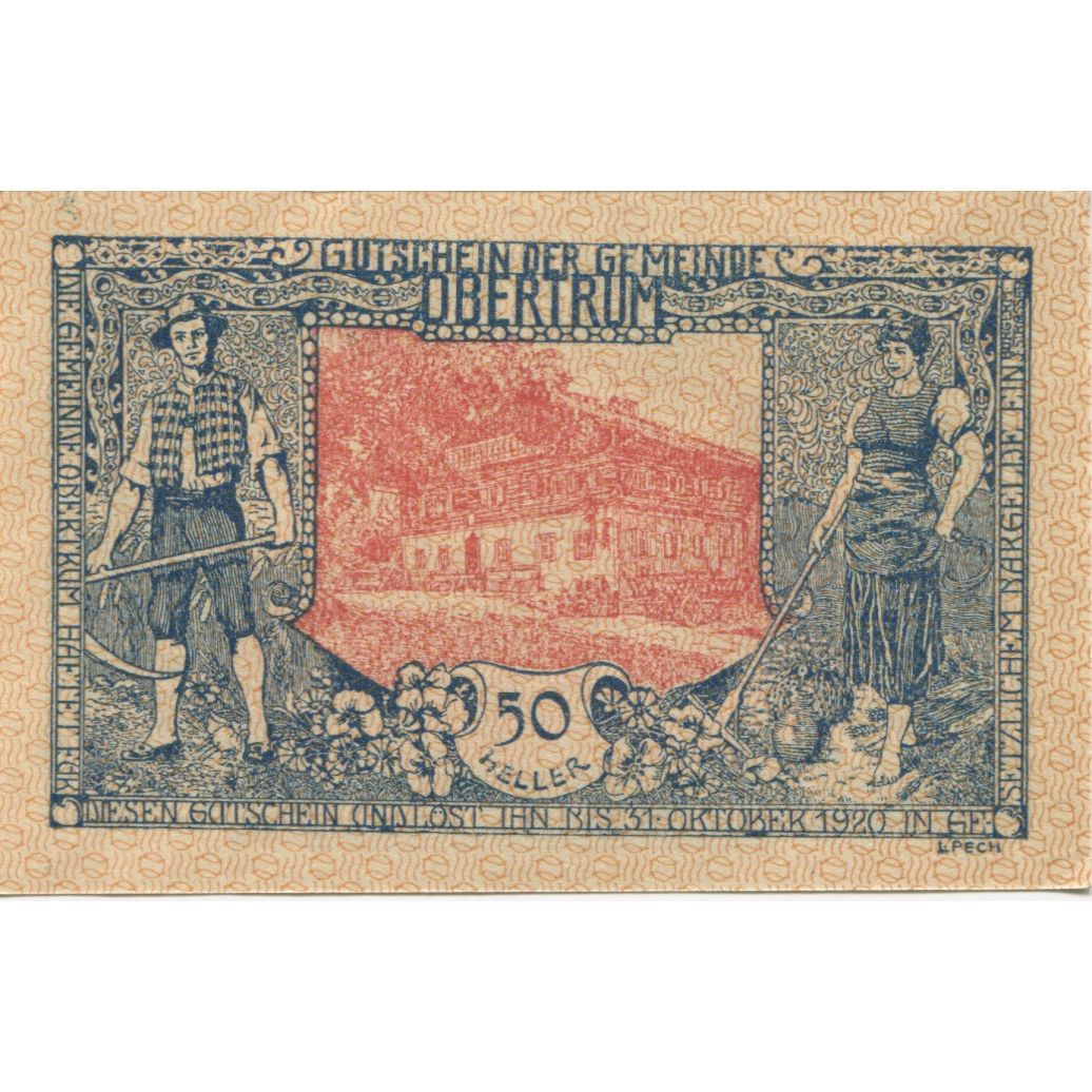 Banknote, Austria, Obertrum, 50 Heller, ferme, 1920 UNC(63) Mehl:FS 695b