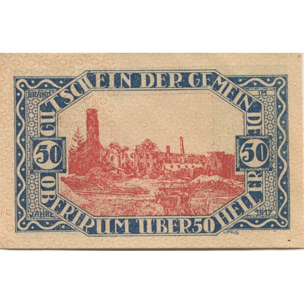 Banknote, Austria, Obertrum, 50 Heller, ferme, 1920 UNC(63) Mehl:FS 695b