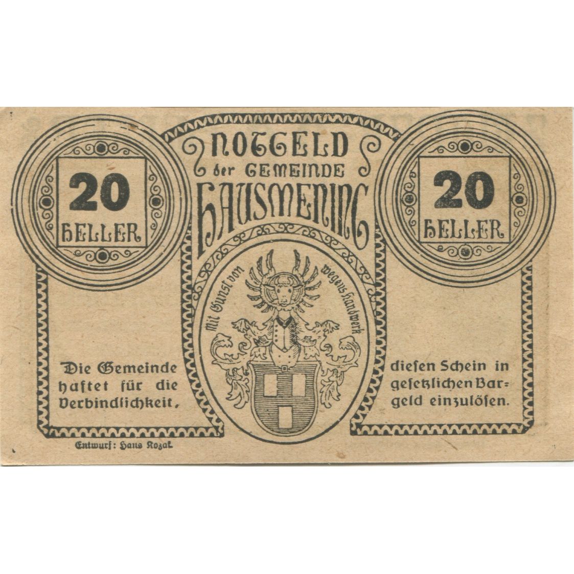 Banconote, Austria, Hausmening, 20 Heller, portrait, 1920 SPL Mehl:FS 358Ia