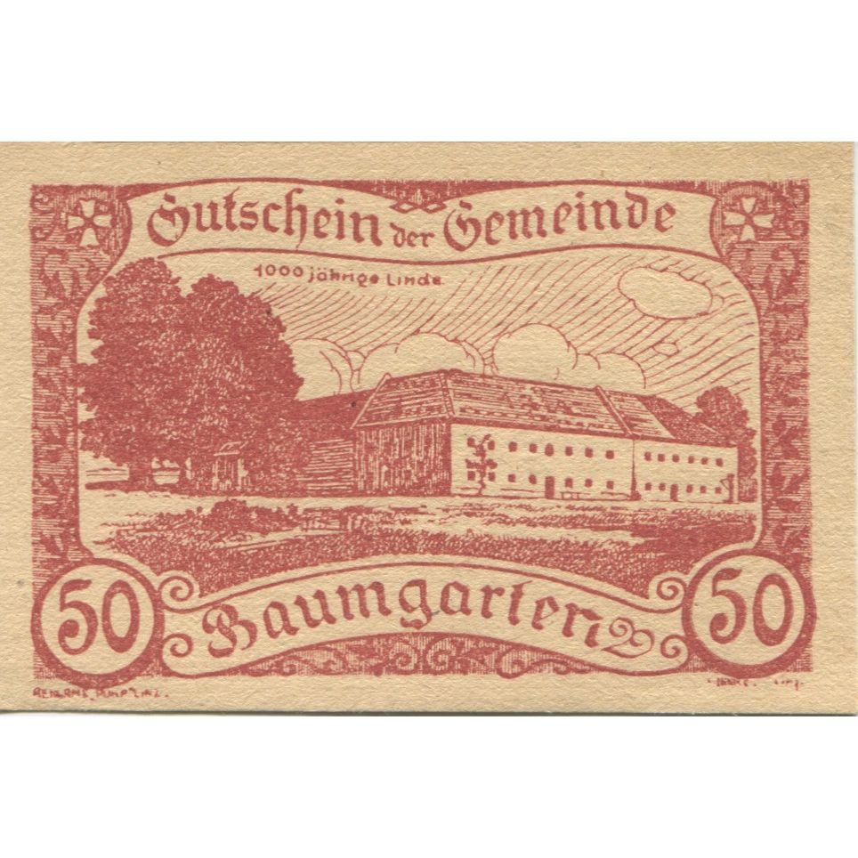 Nota, Áustria, Baumgarten, 50 Heller, château 1921-02-28, UNC(63) Mehl:FS 78c