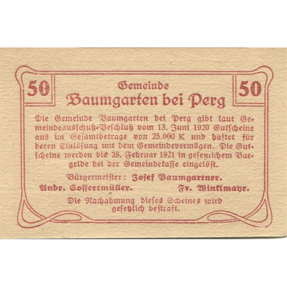 Nota, Áustria, Baumgarten, 50 Heller, château 1921-02-28, UNC(63) Mehl:FS 78c