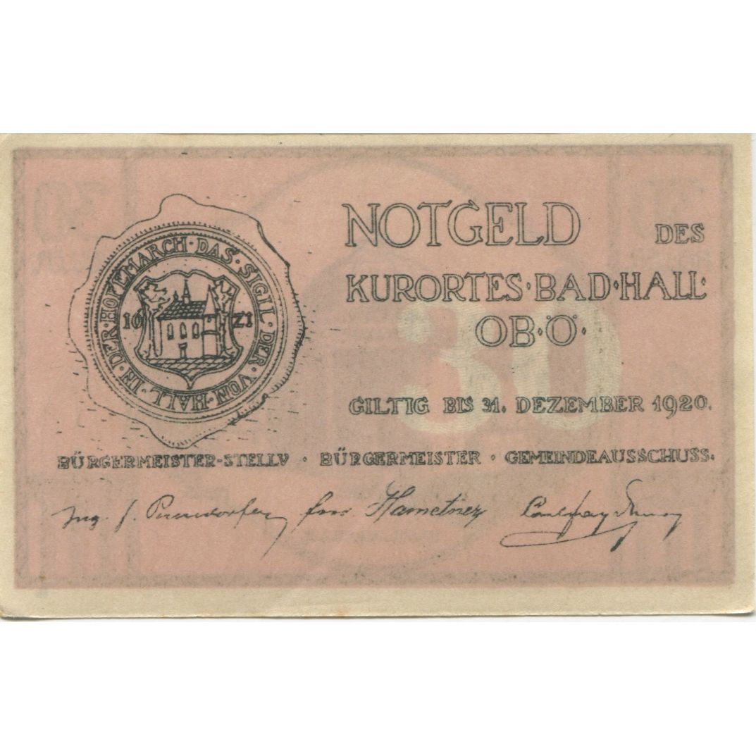 Nota, Áustria, Bad Hall, 30 Heller, Monument 1920-12-31, UNC(63) Mehl:FS 76IIa