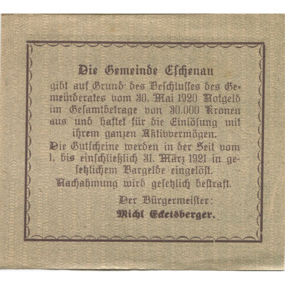 Biljet, Oostenrijk, Eschenau, 20 Heller, champs 1921-03-31, SPL Mehl:FS 187a