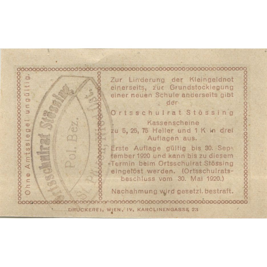 Banknote, Austria, Stossing, 5 Heller, village, 1920 UNC(63) Mehl:FS 1040