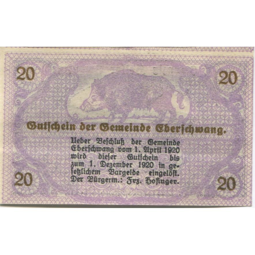 Banknot, Austria, Eberschwang, 20 Heller, cochon, 1920 UNC(63) Mehl:FS 145ax
