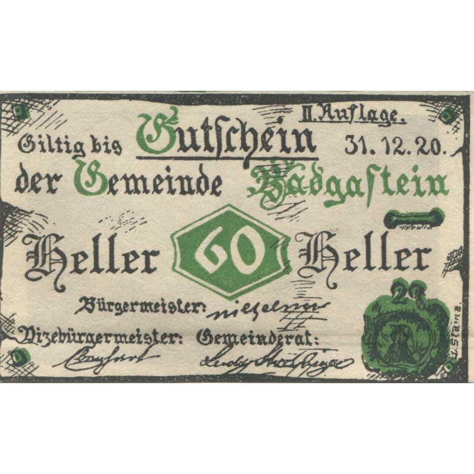 Banknot, Austria, Bad Gastein, 60 Heller, paysage 1920 UNC(63) Mehl:FS 75IIa