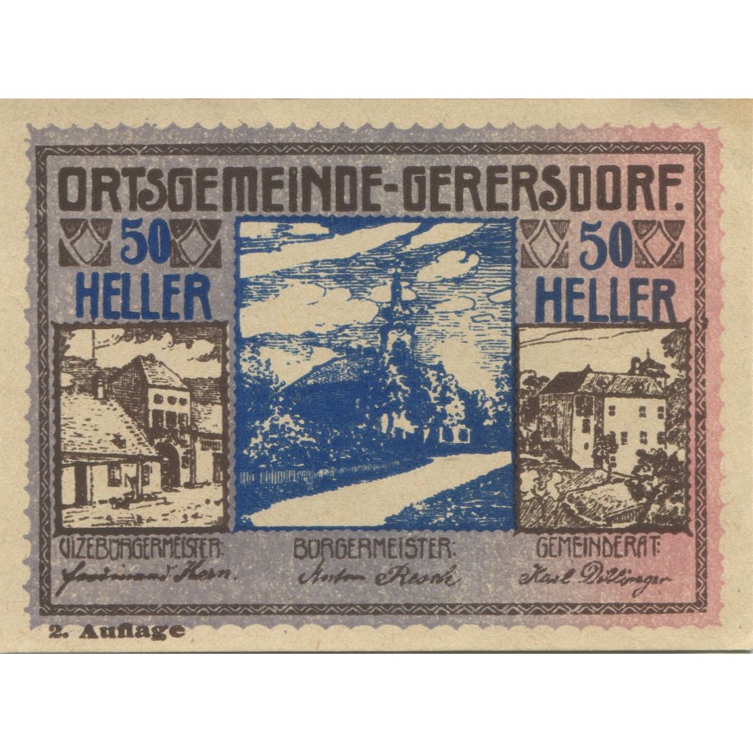 Banknot, Austria, Gerersdorf, 50 Heller, Eglise, 1920, UNC(63) Mehl:FS 340