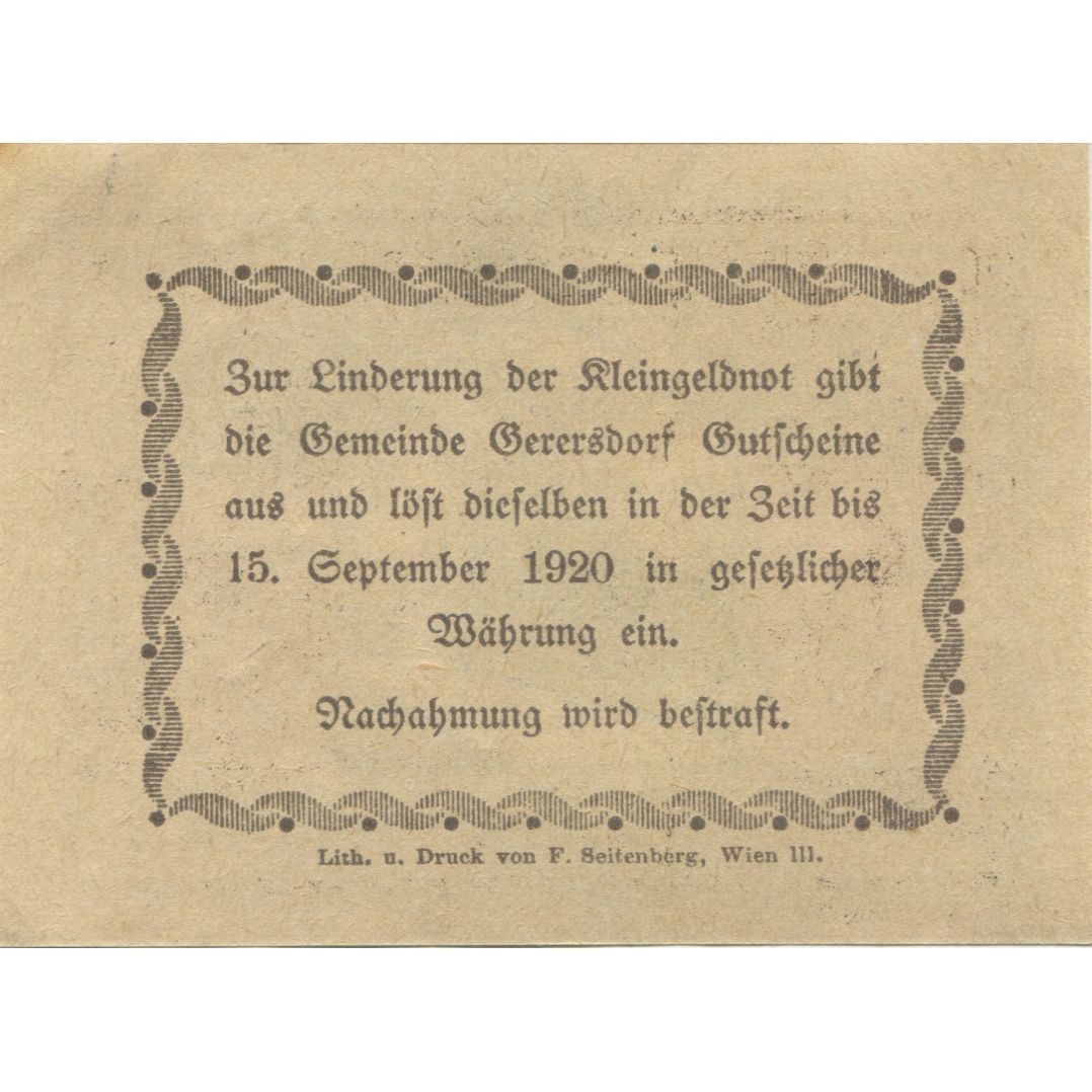 Banknot, Austria, Gerersdorf, 50 Heller, Eglise, 1920, UNC(63) Mehl:FS 340
