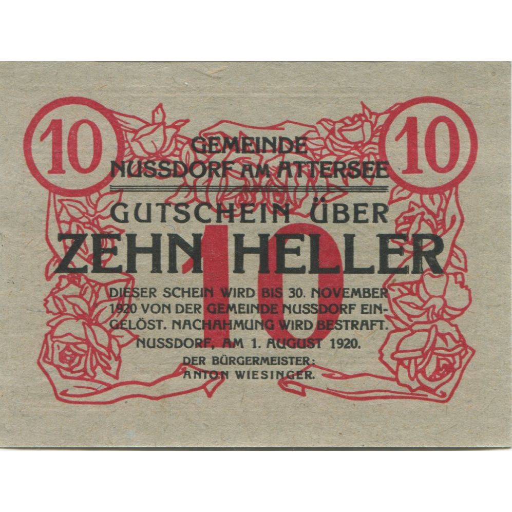 Banknot, Austria, Nussdorf am Attersee, 10 Heller, fleuve, 1920 SPL Mehl:FS 677a