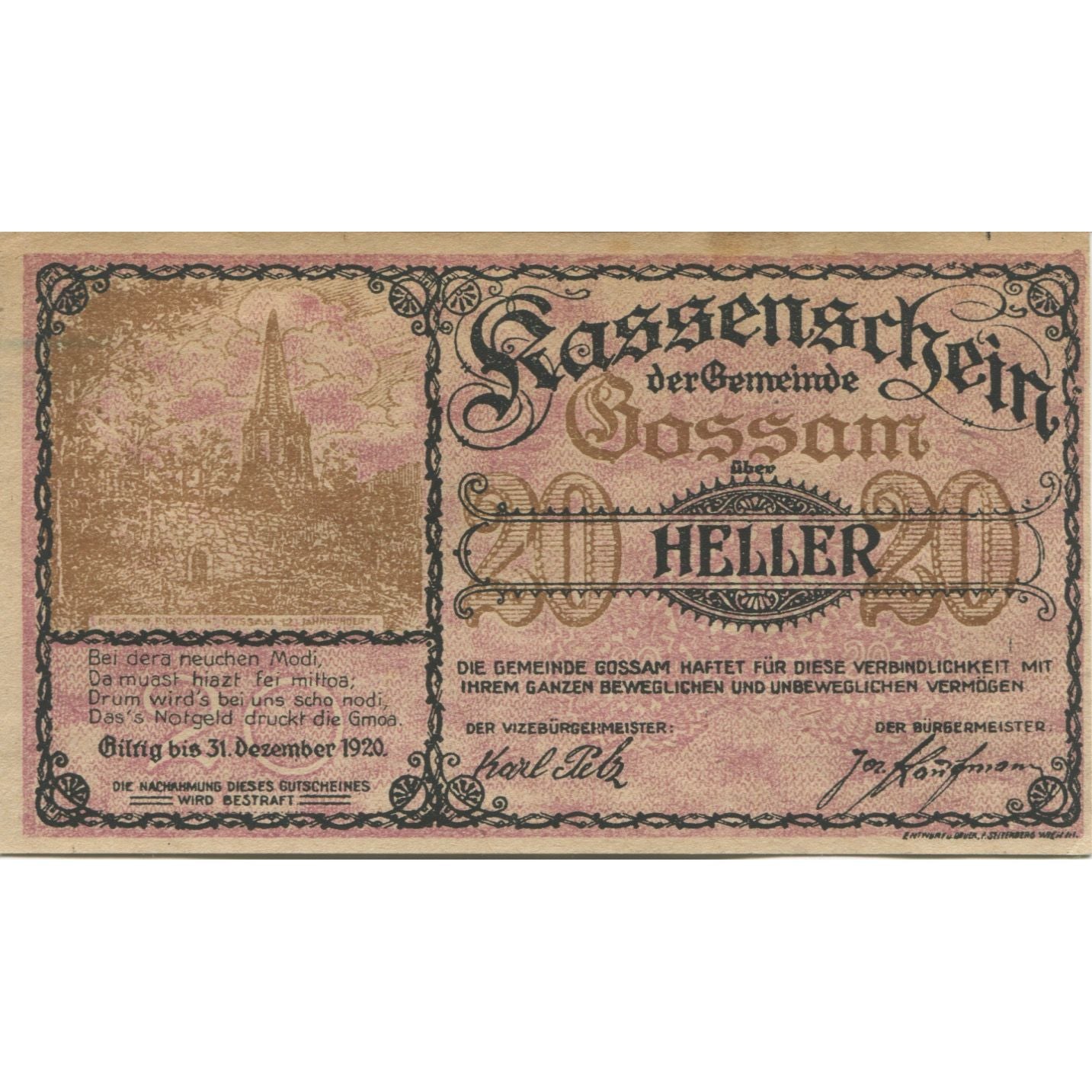 Banknot, Austria, Gossam, 20 Heller, Eglise 1920-12-31, UNC(63), Mehl:FS 252b