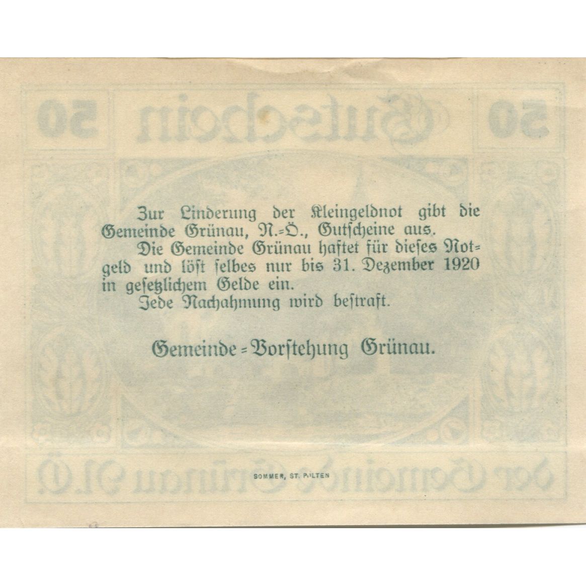 Banknot, Austria, Grünau, 50 Heller, Eglise 1920-12-31, UNC(63), Mehl:FS 299