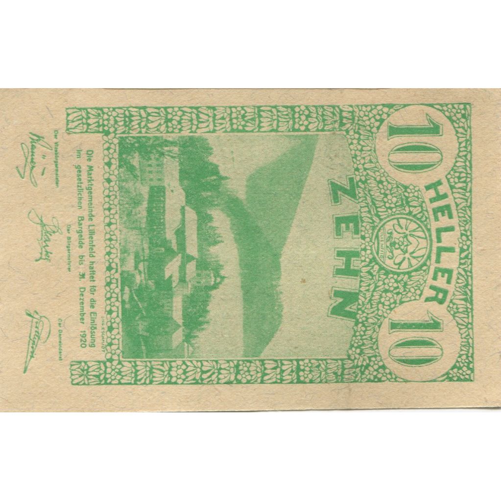Banknote, Austria, Lilienfeld, 10 Heller, paysage, 1920 UNC(63) Mehl:FS 523a