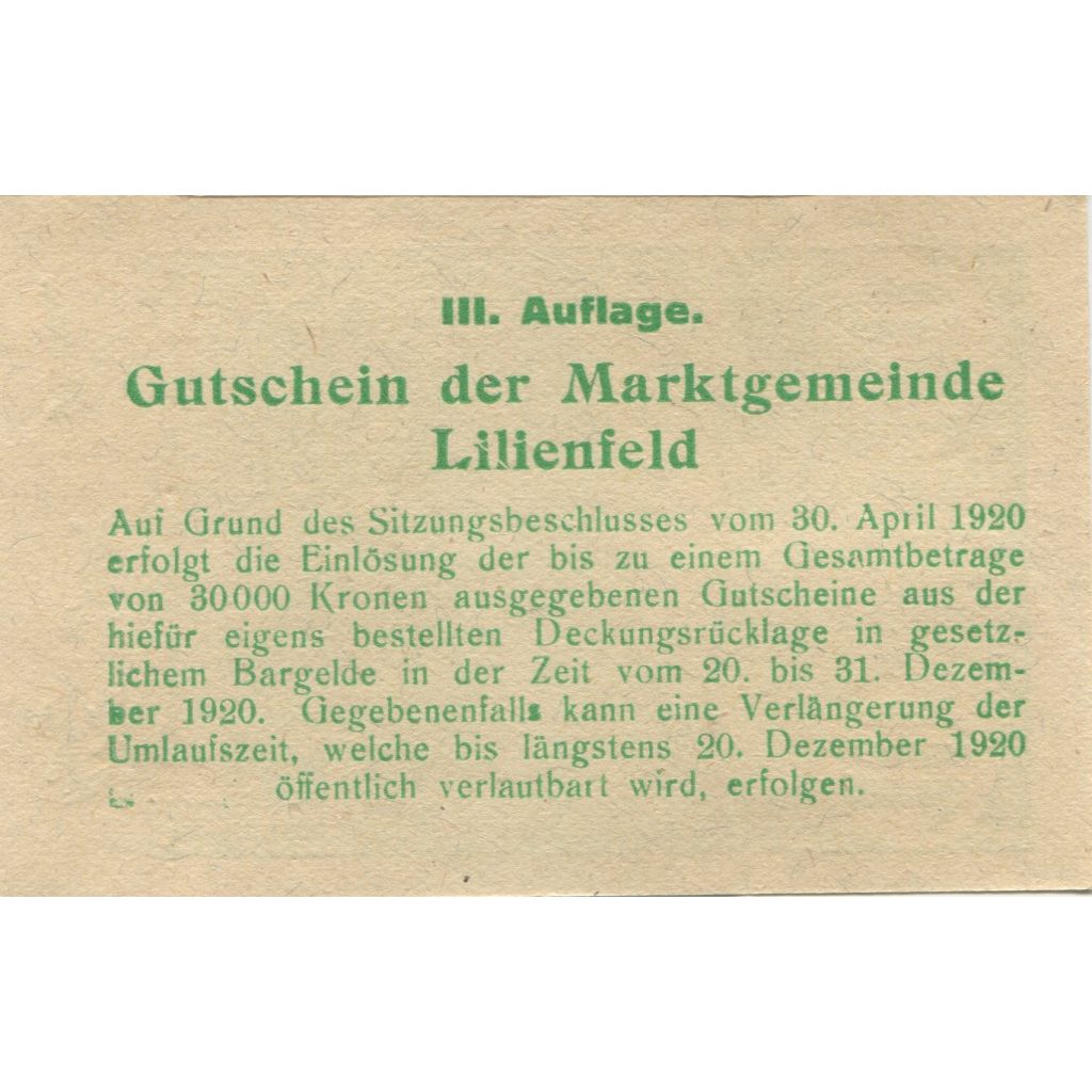 Banknote, Austria, Lilienfeld, 10 Heller, paysage, 1920 UNC(63) Mehl:FS 523a