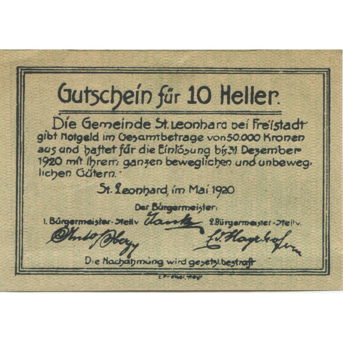 Banknote, Austria, St Leonhard, 10 Heller, village, 1920 UNC(63) Mehl:FS 903a