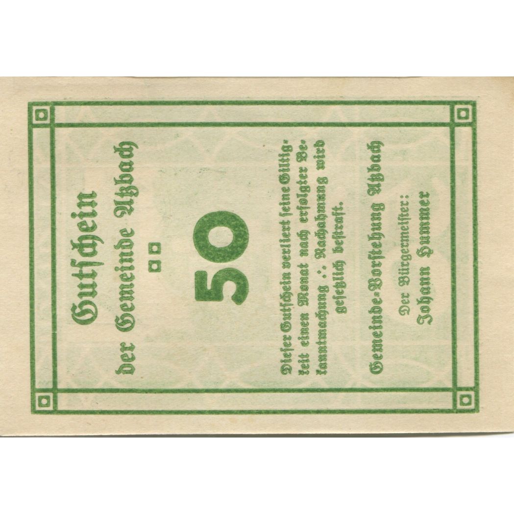 Banknot, Austria, Atzbach, 50 Heller, porte, 1920, UNC(63), Mehl:FS 62a
