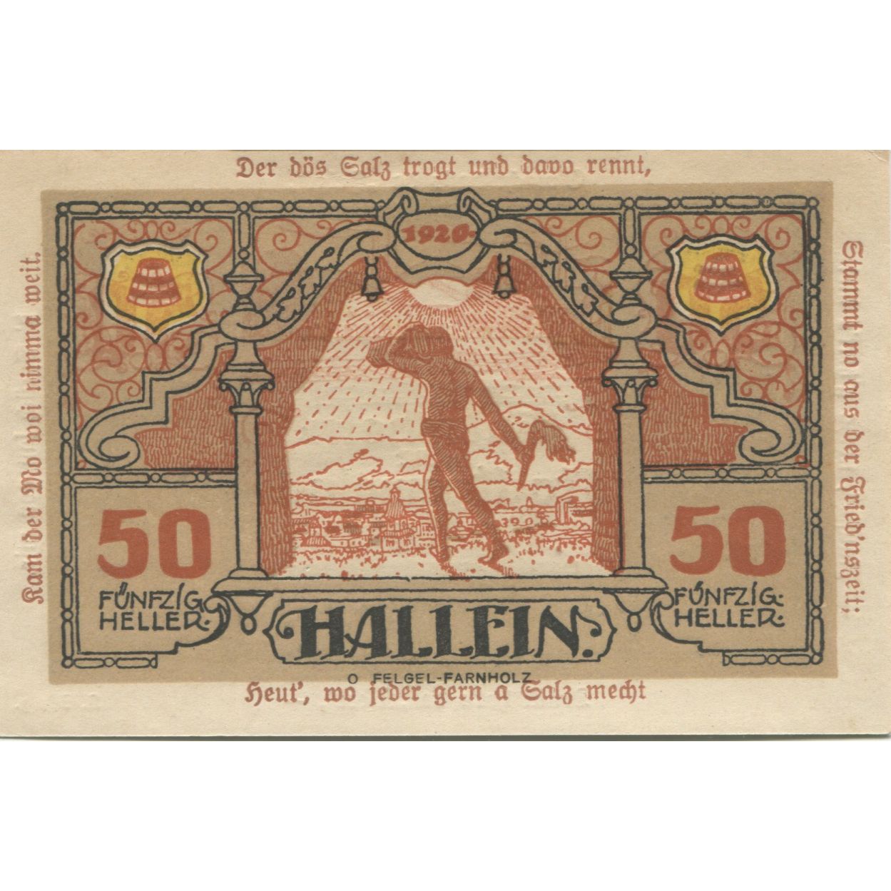 Banknote, Austria, Hallein, 50 Heller, personnage, 1920 UNC(63) Mehl:FS 344