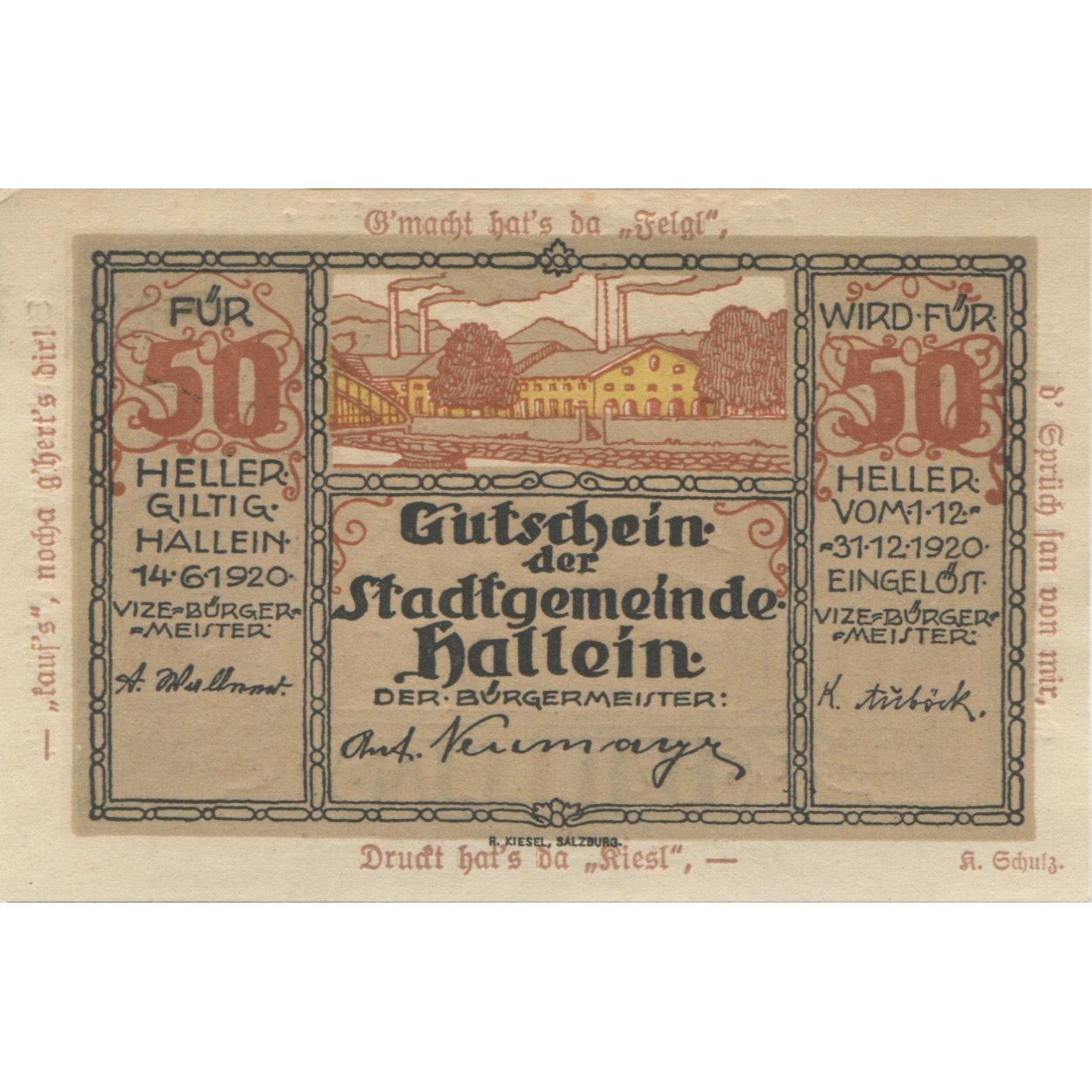 Banknote, Austria, Hallein, 50 Heller, personnage, 1920 UNC(63) Mehl:FS 344