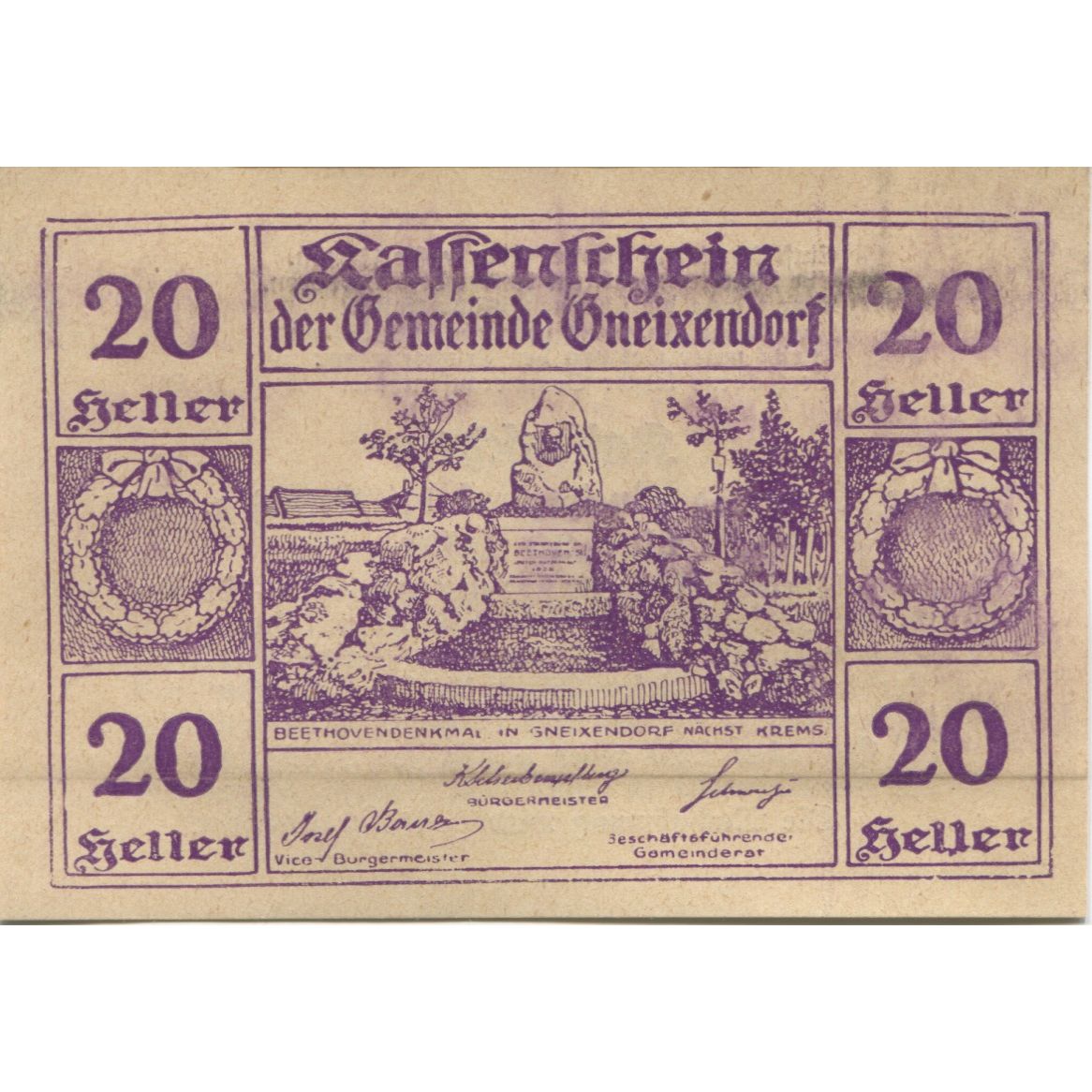 Banknot, Austria, Gneixendorf, 20 Heller, Monument, 1920 AU(55-58) Mehl:FS 241