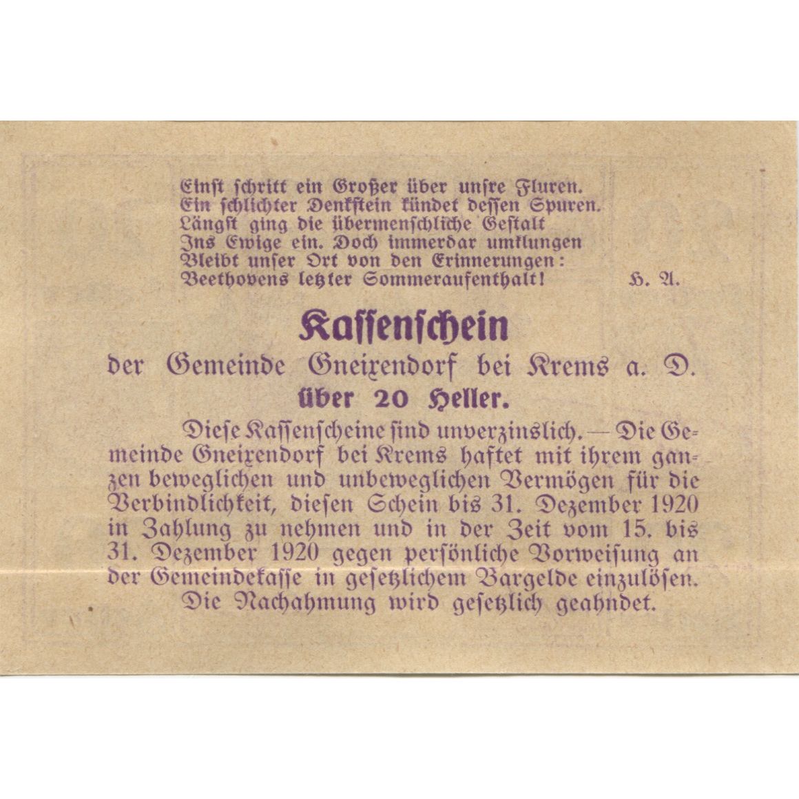 Banknot, Austria, Gneixendorf, 20 Heller, Monument, 1920 AU(55-58) Mehl:FS 241