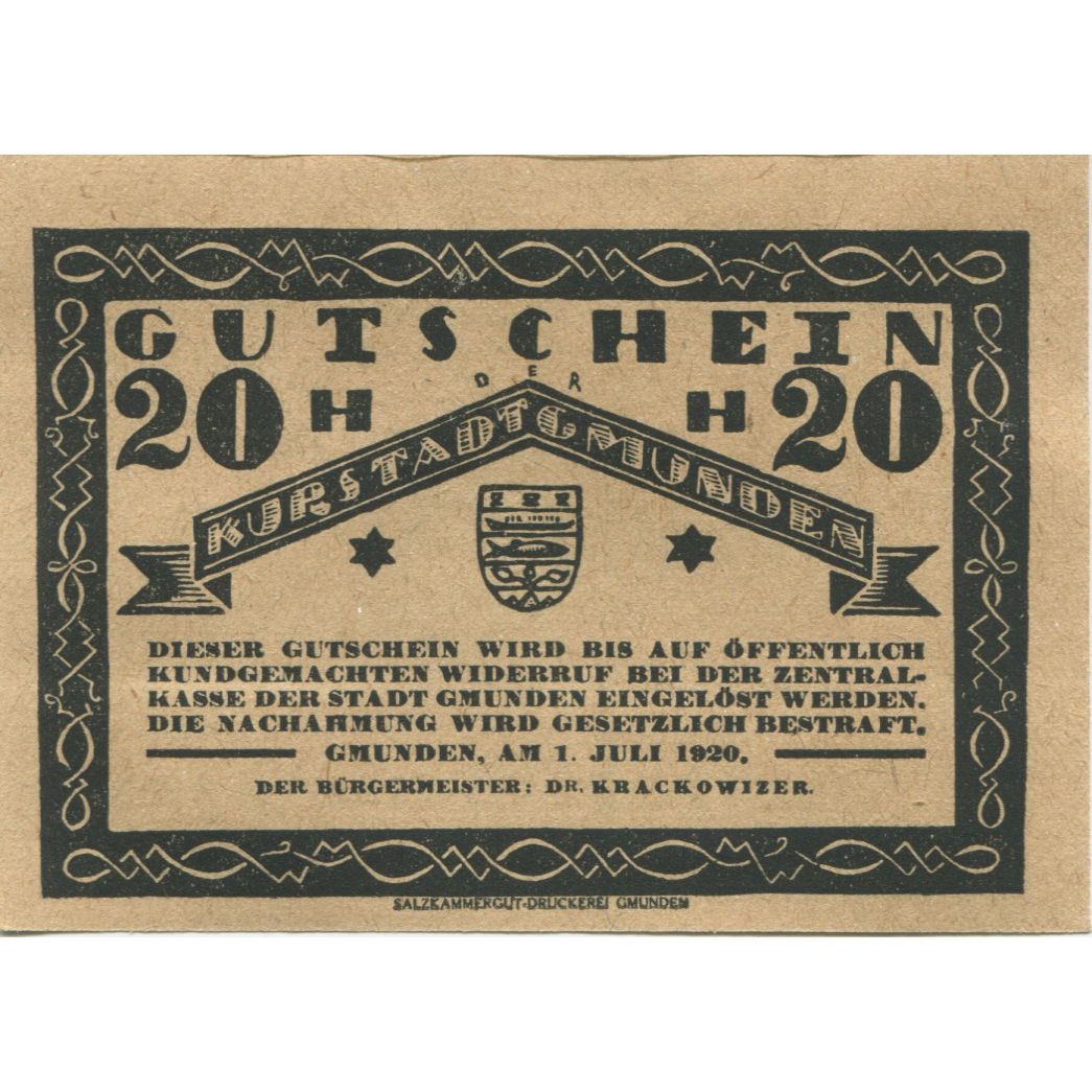 Banknote, Austria, Gmunden, 20 Heller, village, 1920, UNC(63), Mehl:FS 240III