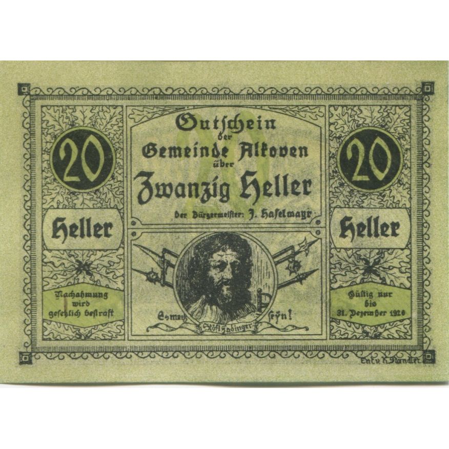 Banknote, Austria, Alkoven, 20 Heller, Bataille, 1920, UNC(63) Mehl:FS 18IIc