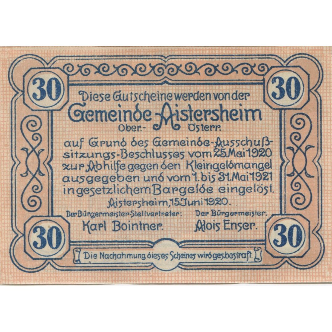 Billet, Autriche, Aistersheim, 30 Heller, mairie 1921-05-31, SPL, Mehl:FS 15b