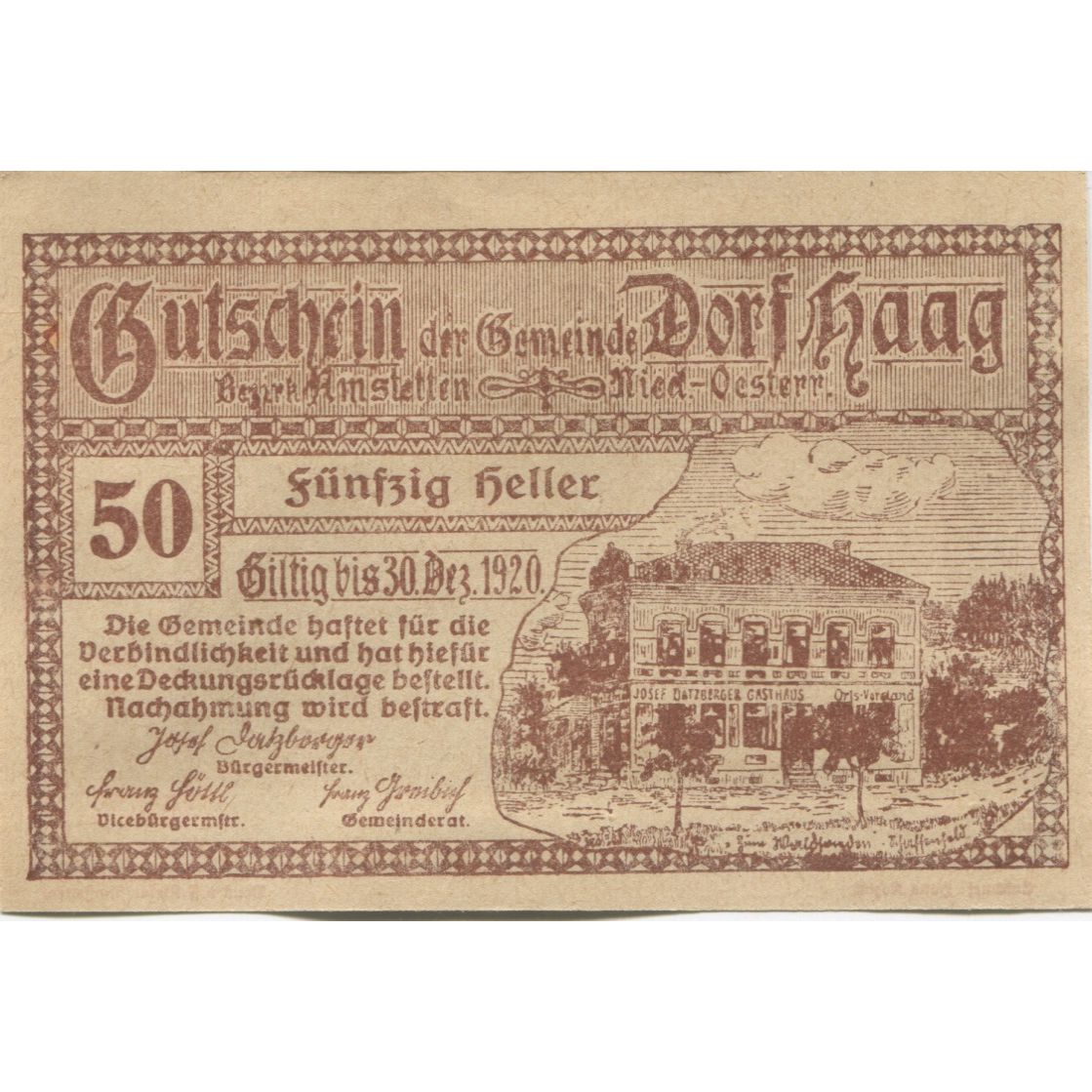 Billet, Autriche, Dorf Haag, 50 Heller, mairie 1920-12-30, SPL, Mehl:FS 317c