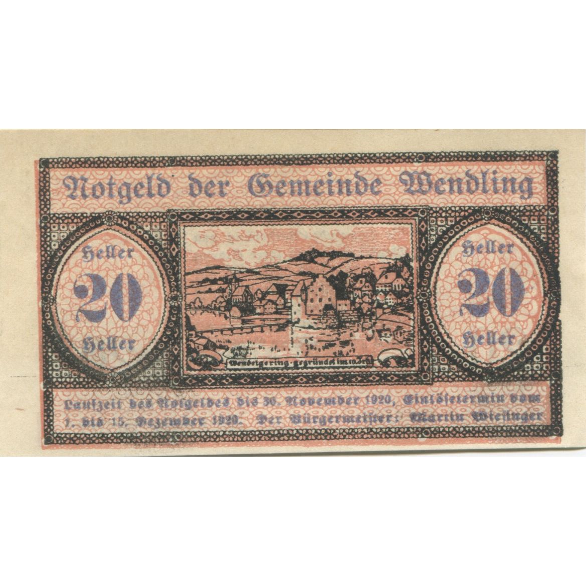 Banknote, Austria, Wendling, 20 Heller, paysage, 1920 UNC(63) Mehl:FS 1170a