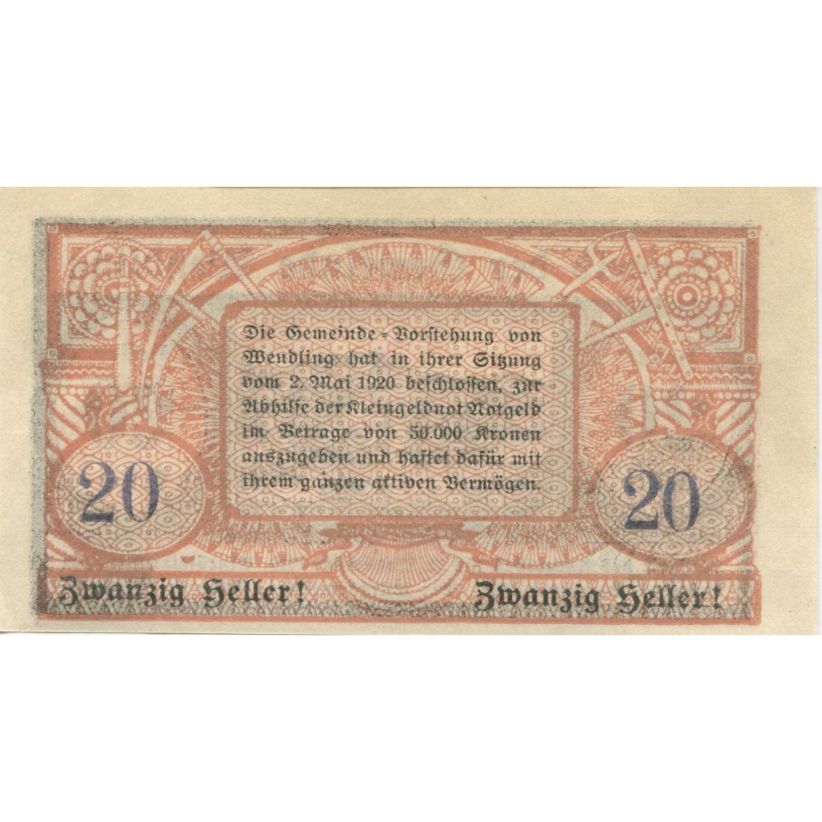 Banknote, Austria, Wendling, 20 Heller, paysage, 1920 UNC(63) Mehl:FS 1170a