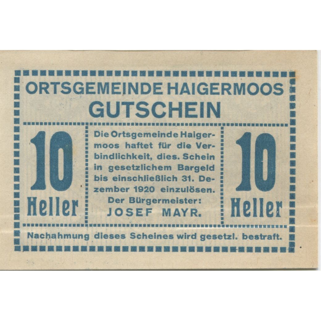 Banknot, Austria, Haigermoos, 10 Heller, Eglise 1920-12-31, UNC(63) Mehl:FS 336
