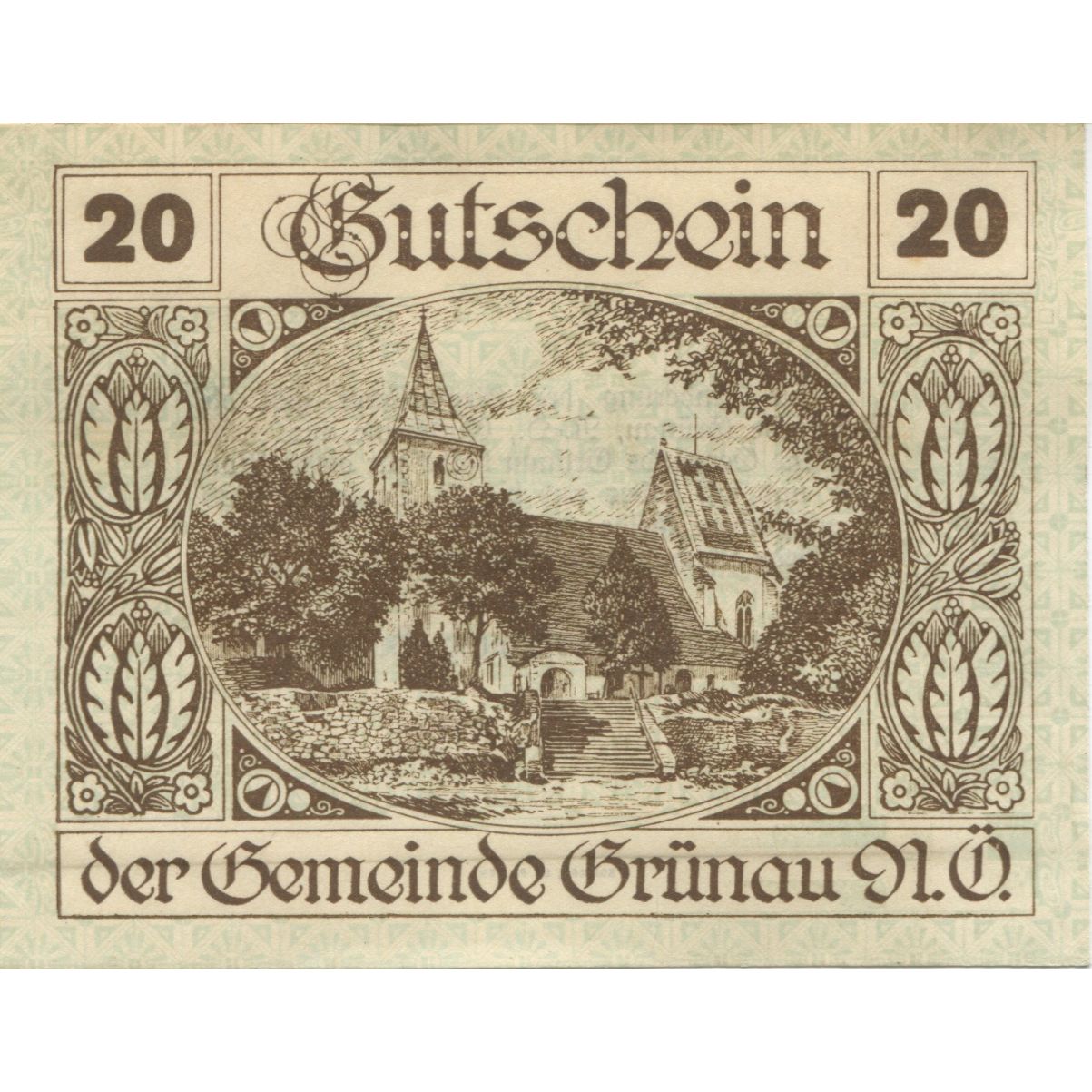 Banconote, Austria, Grünau, 20 Heller, Eglise 1920-12-31, SPL, Mehl:FS 299