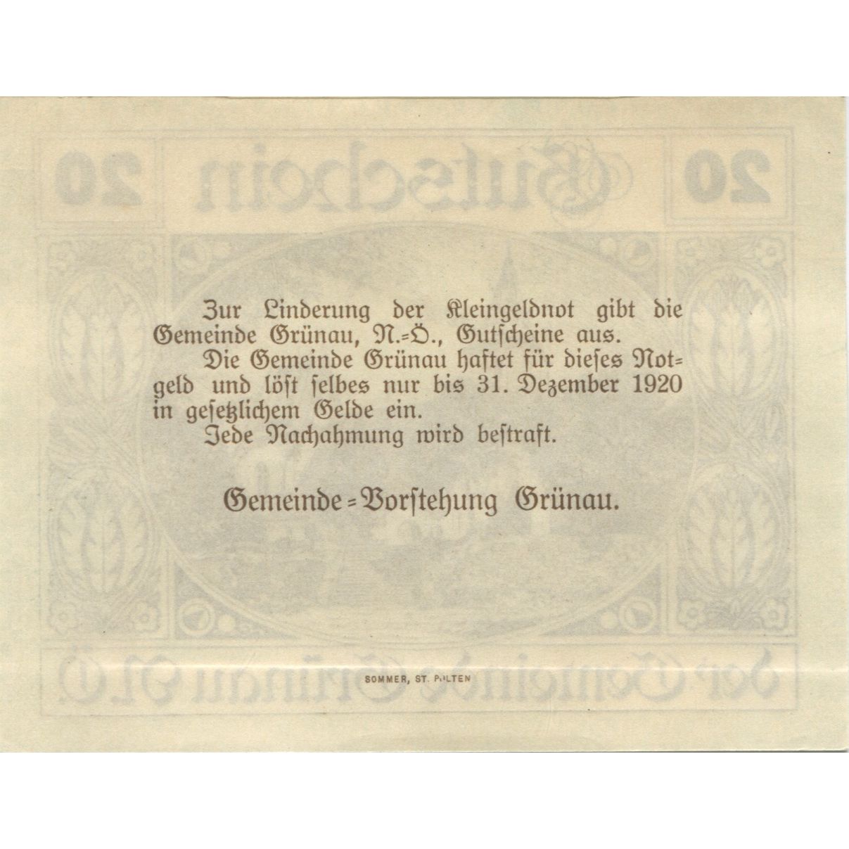 Banconote, Austria, Grünau, 20 Heller, Eglise 1920-12-31, SPL, Mehl:FS 299
