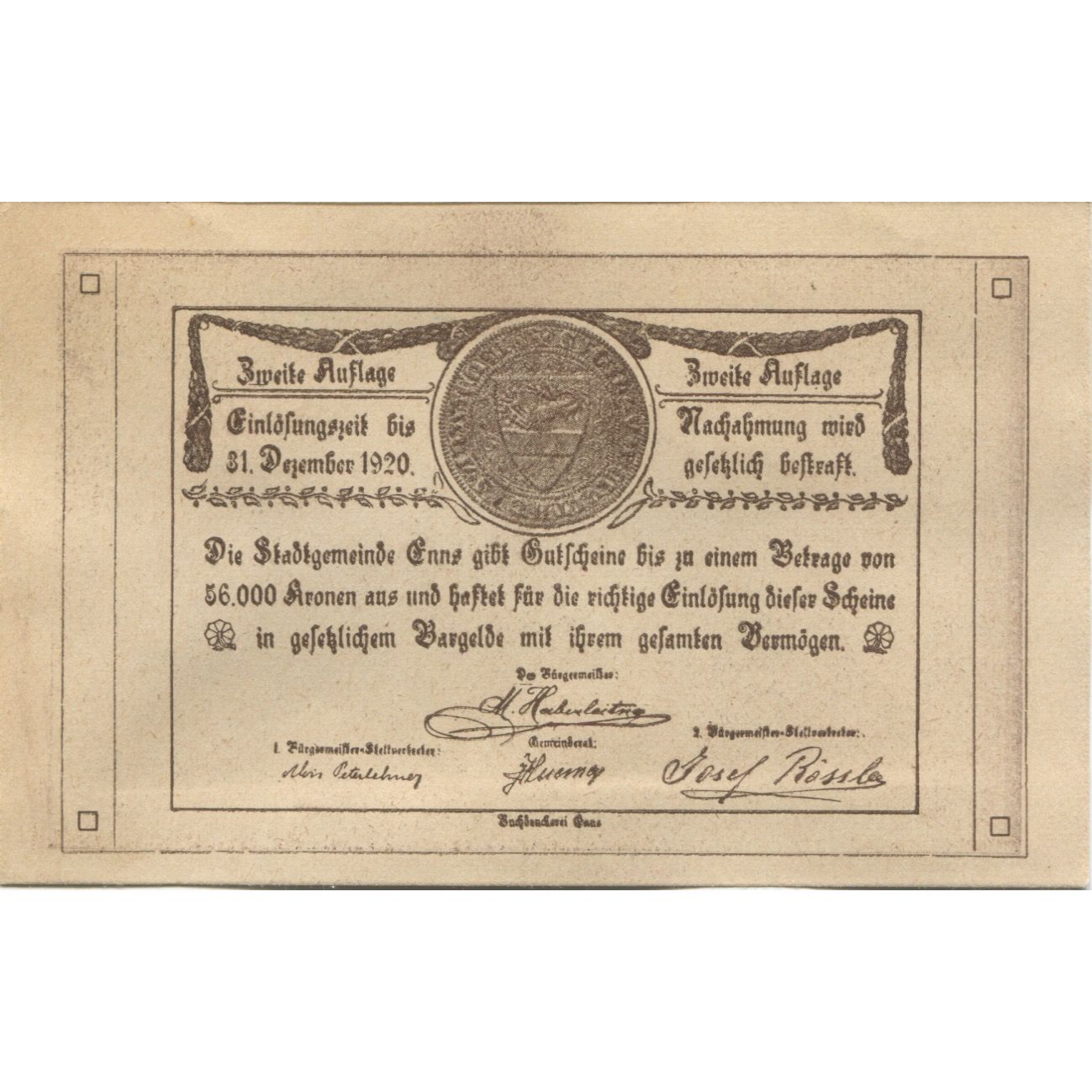 Banknot, Austria, Enns, 50 Heller, Eglise 1920-12-31, UNC(63) Mehl:FS 174IIa