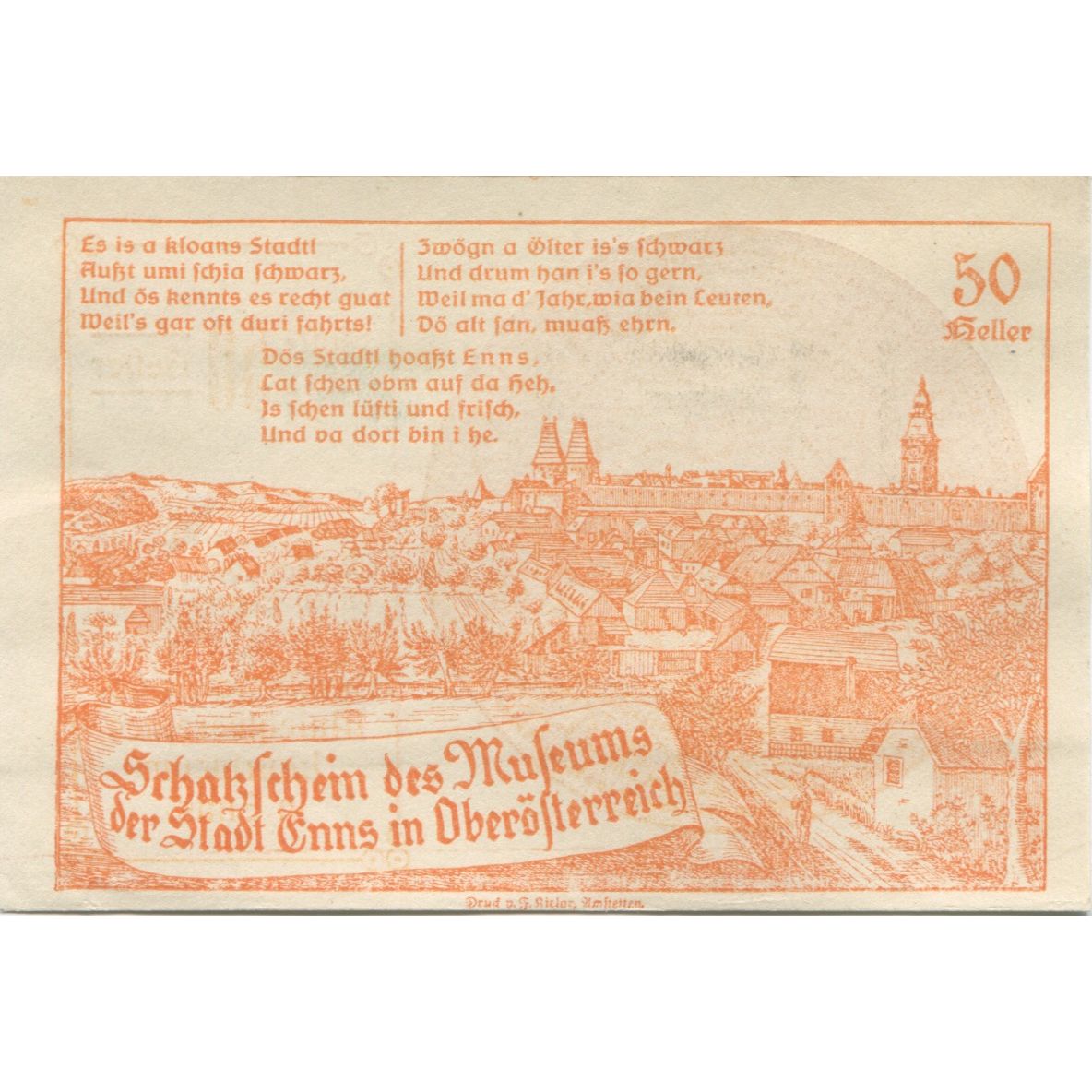 Banknote, Austria, Enns, 50 Heller, village, 1920, UNC(63), Mehl:FS 176a