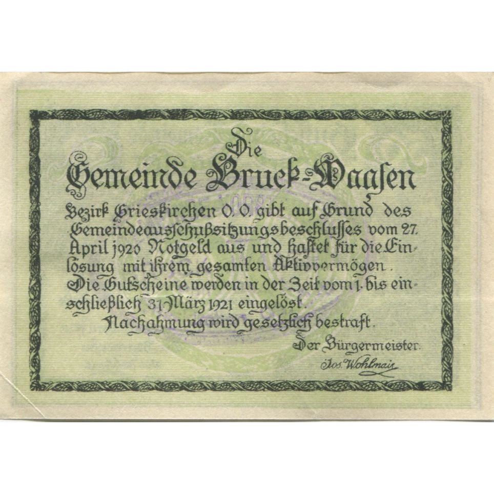 Banknot, Austria, Bruck, 50 Heller, paysage 1921-03-31, UNC(63), Mehl:FS 108a