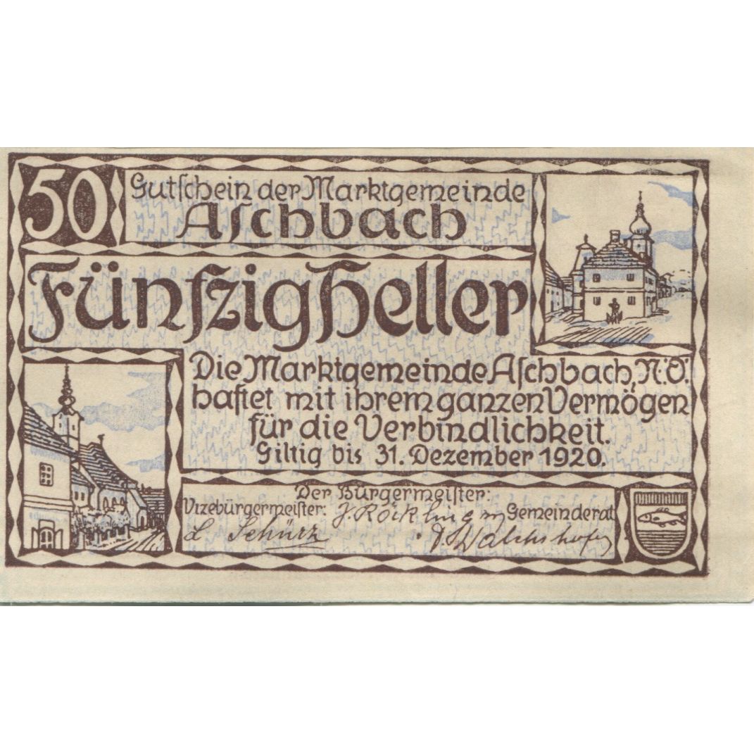Banknote, Austria, Aschbach, 50 Heller, Eglise, 1920 UNC(63) Mehl:FS 55a