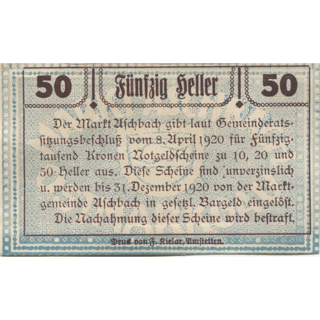 Banknote, Austria, Aschbach, 50 Heller, Eglise, 1920 UNC(63) Mehl:FS 55a